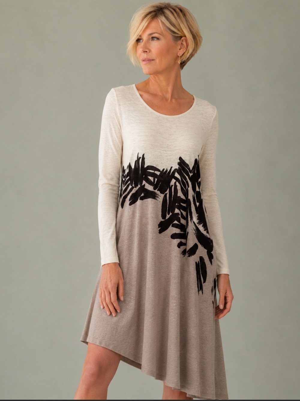 NIC+ZOE Linen Blend Asymmetrical Dress Medium Neutral Abstract Print